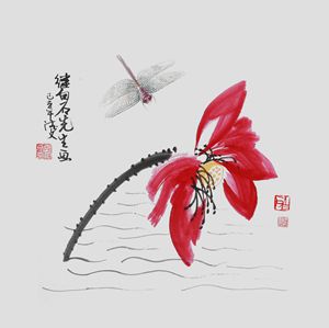 A dragonfly and red blower painting by Chinese artist Zhang Dewen.
