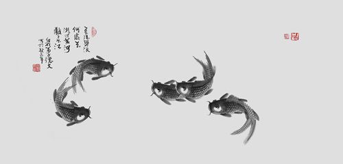 A painting of five black goldfish by Chinese artist Zhang Dewen.