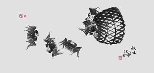 A painting of five crabs escaping from a basket by Chinese artist Zhang Dewen.