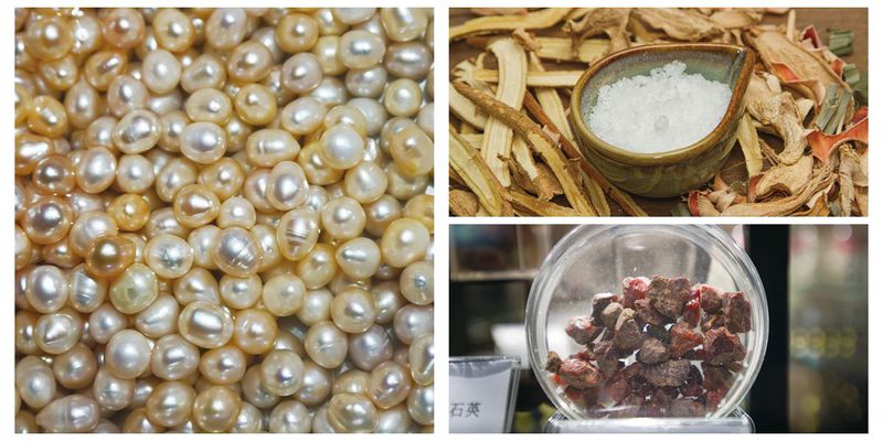 Photos of a variety of natural ingredients used in Chinese herbal medicine.
